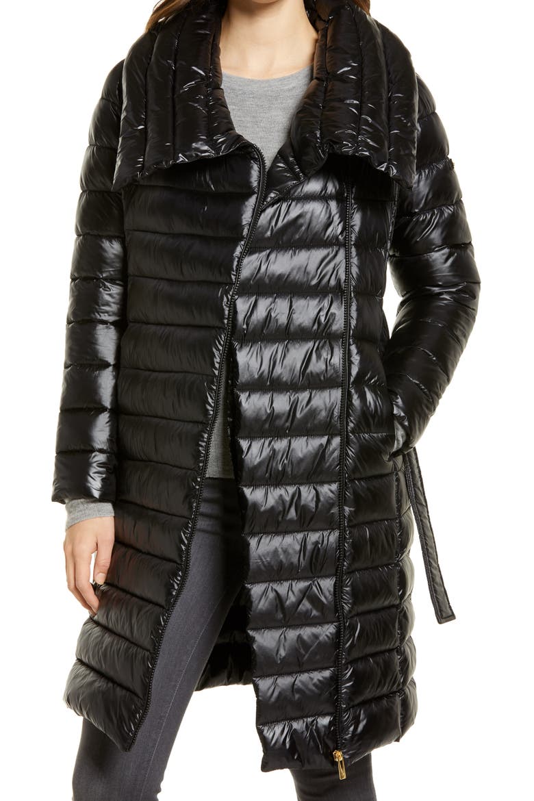 Water Repellent Belted Puffer Jacket, Alternate, color, BLACK