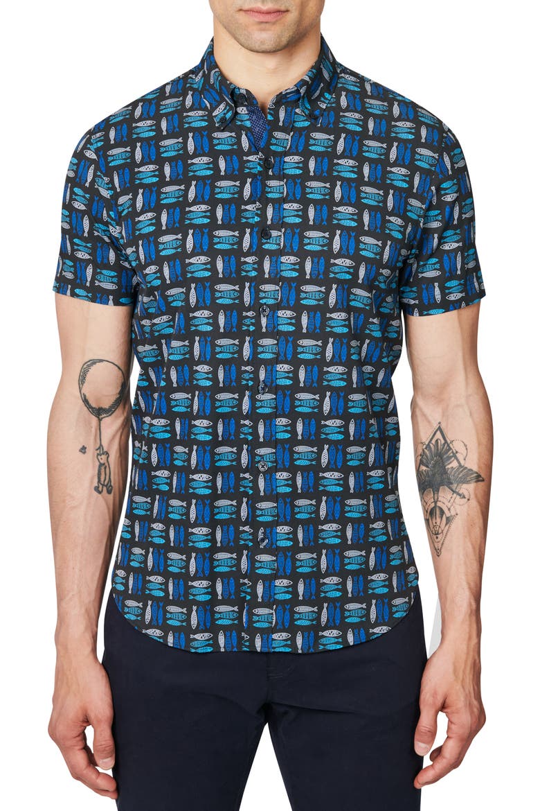 Fish Micro Print Performance Shirt, Main, color, NAVY