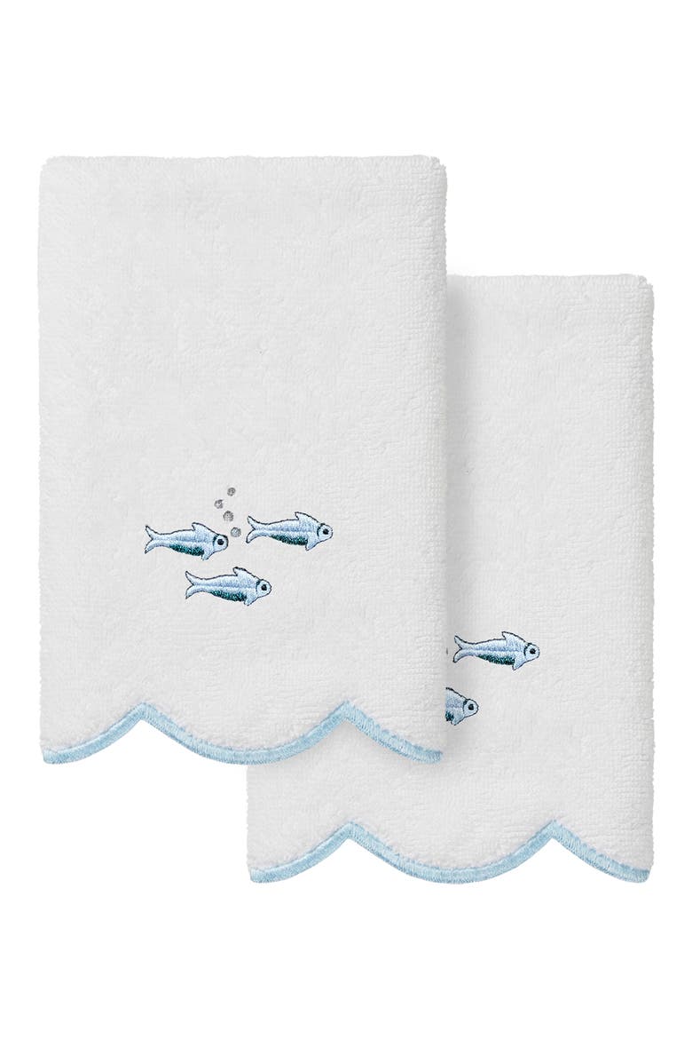 Fish School Scallop Pack of 2 Fingertip Towels, Main, color, WHITE/ BLUE