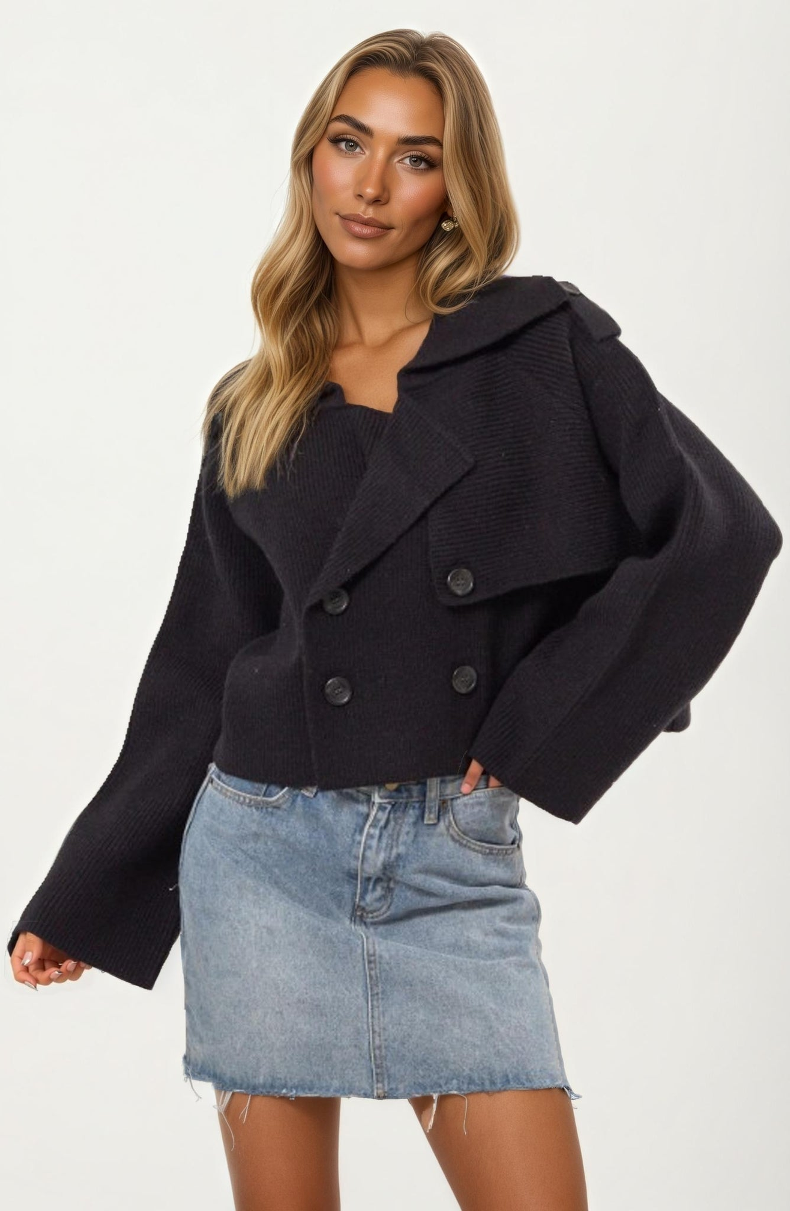 Double-Breasted Cropped Knit Jacket