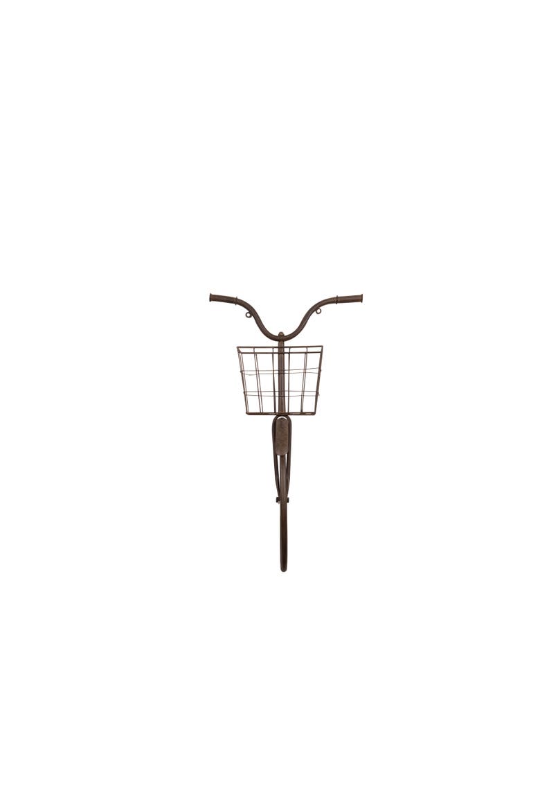 Distressed Rust Bike Shaped Metal Wall Décor with Basket, Main, color, Brown