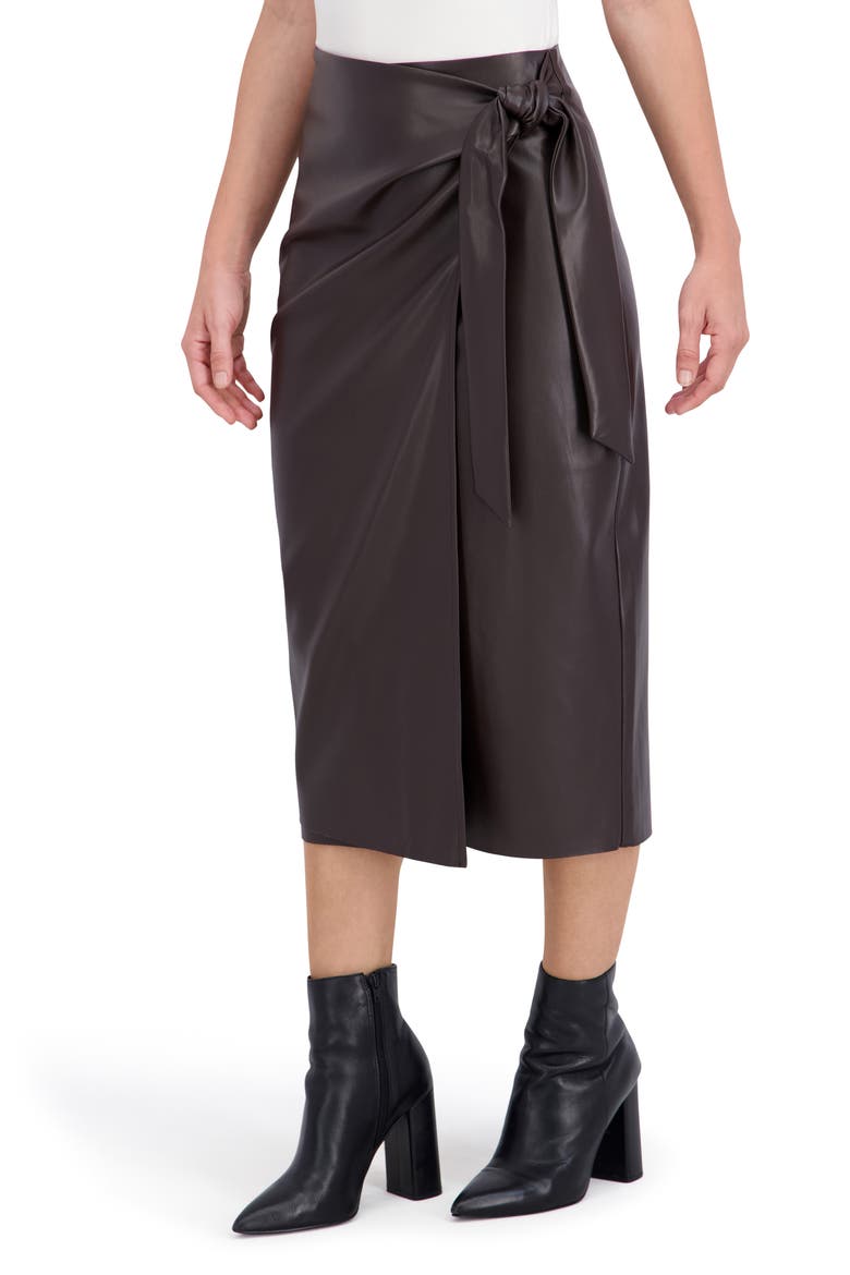 Supersoft Faux Leather Side Tie Midi Skirt, Alternate, color, BROWN
