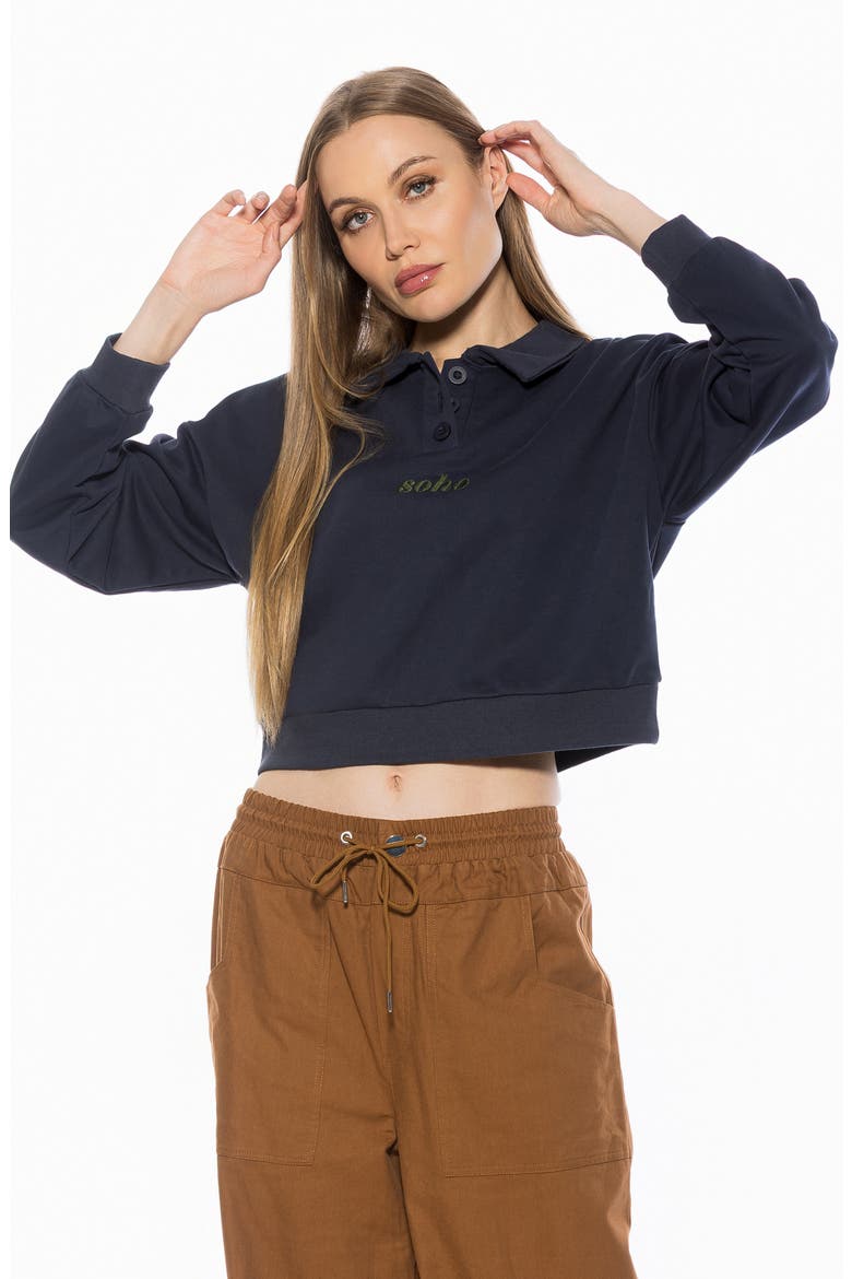 Kario Crop Polo Sweatshirt, Alternate, color, NAVY