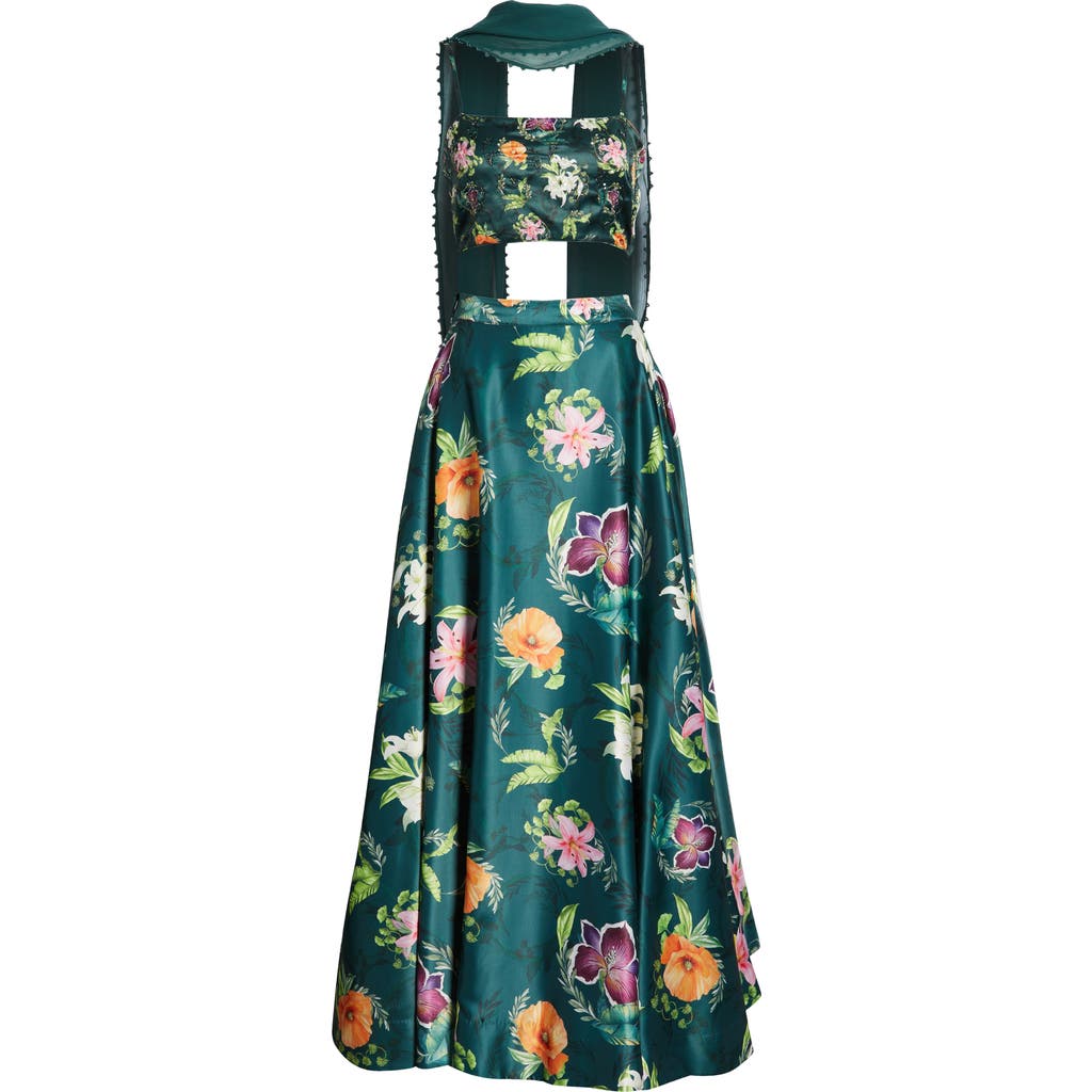 Sani Cai Floral Embroidered Lehenga With Bead Detail Dupatta In Emerald Garden