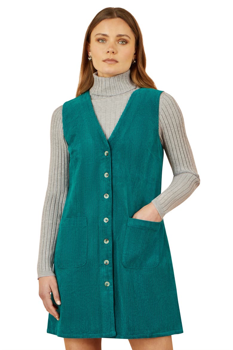 V-Neck Cord Pinafore Dress, Alternate, color, Teal