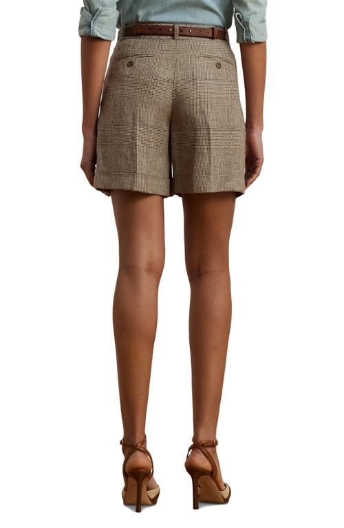 Ralph Lauren Petite Glen Check Pleated Linen Twill Shorts In Brown/tan Multi