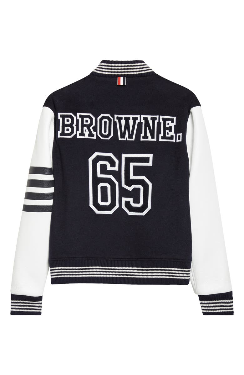 Thom Browne 4-Bar Wool & Leather Varsity Jacket, Alternate, color, Navy