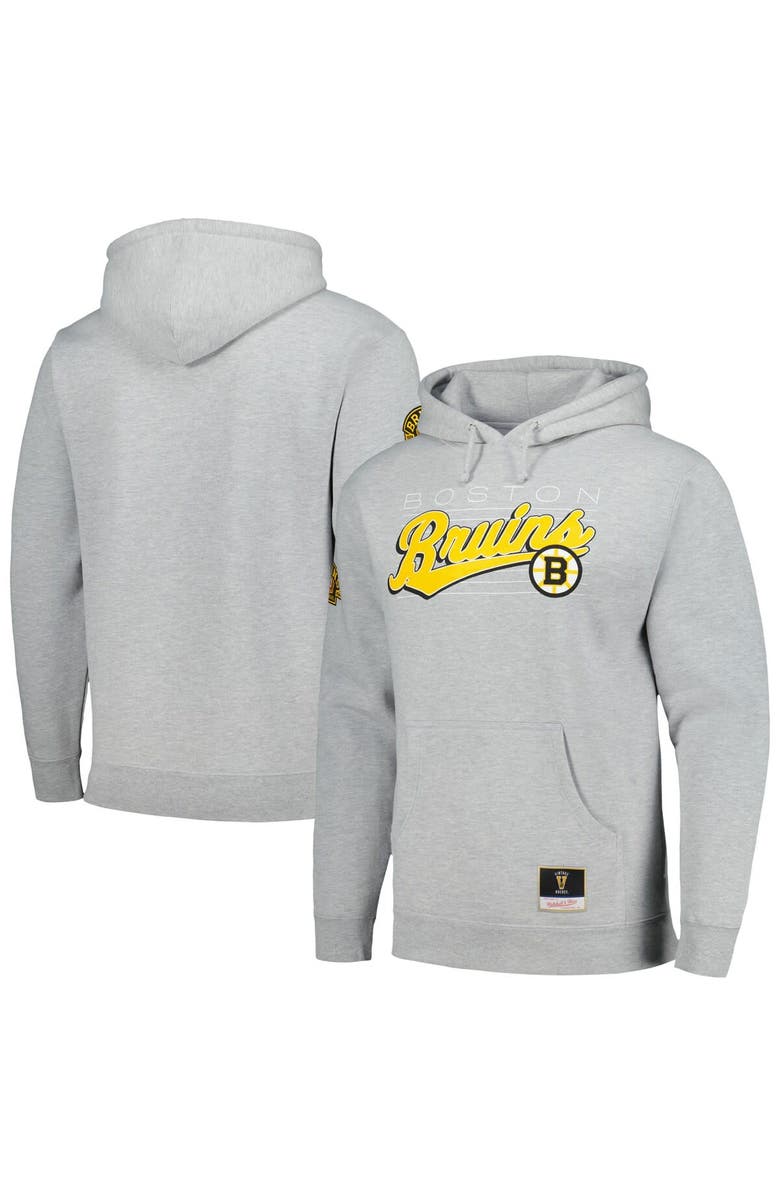Mitchell & Ness Men's Mitchell & Ness Heather Gray Boston Bruins 100th Anniversary Script Sweep Pullover Hoodie, Main, color, 