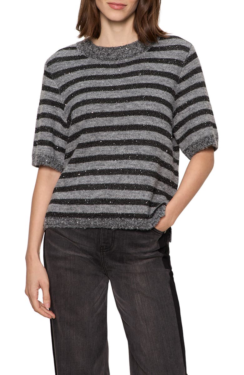 Sanctuary Stripe Short Sleeve Sweater, Main, color, Grey