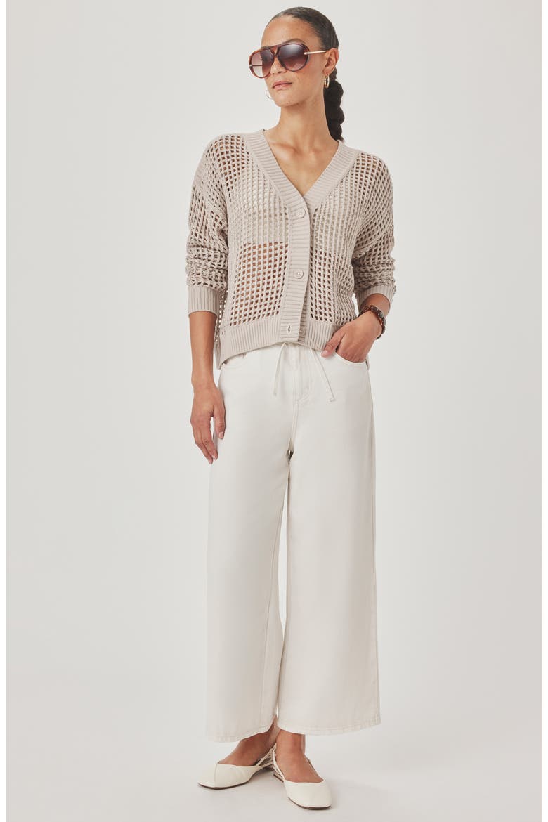 Camellia Openwork V-Neck Cotton Blend Cardigan, Alternate, color, FAWN BEIGE
