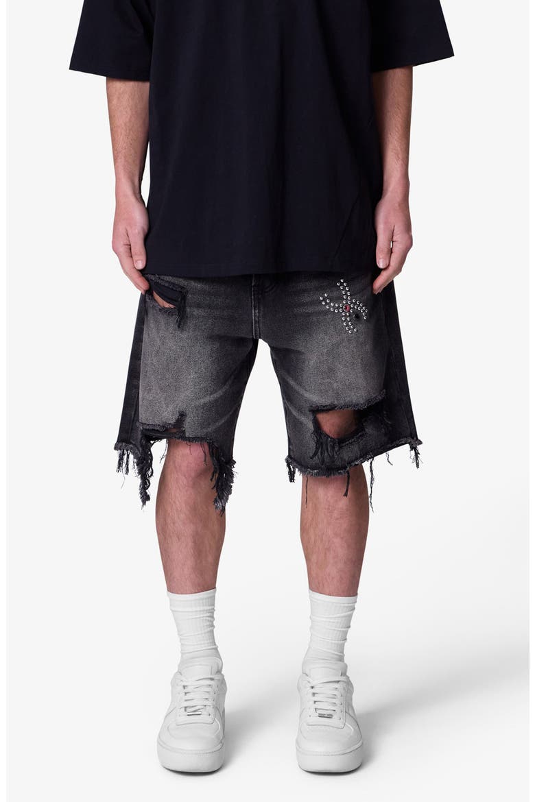 Distressed Spider Denim Shorts, Main, color, WASHED BLACK