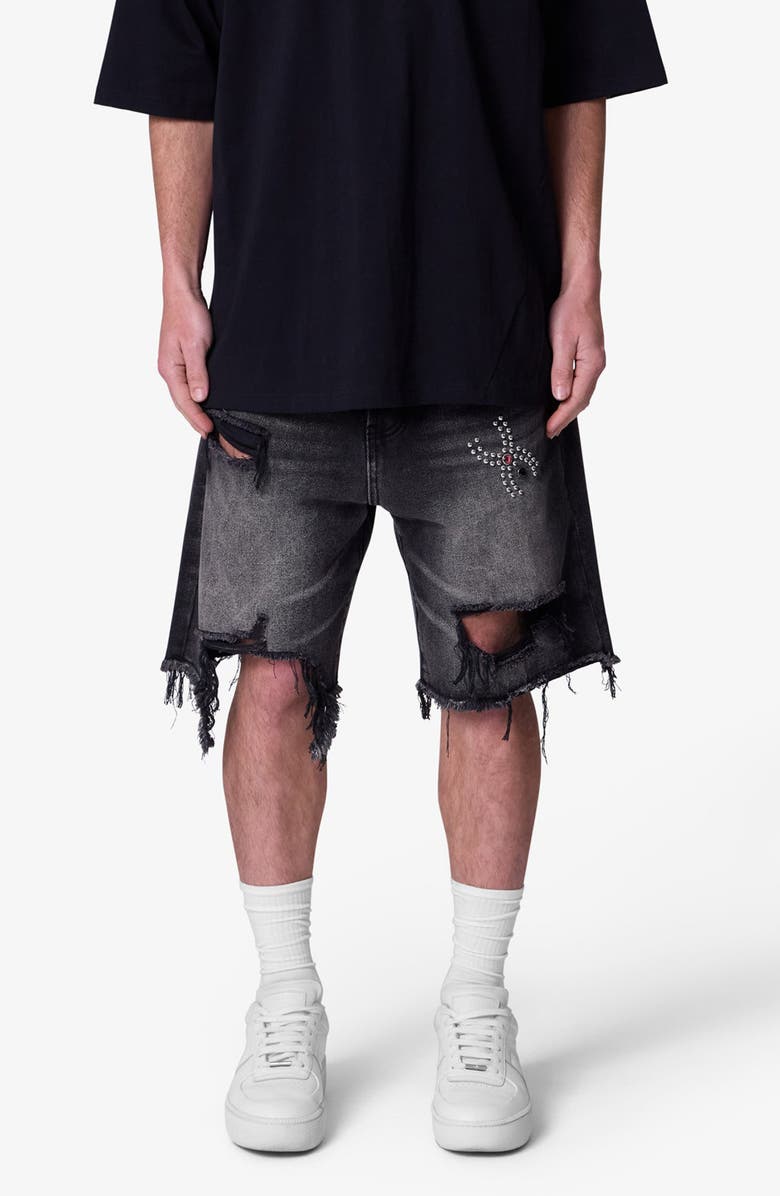 mnml Distressed Spider Denim Shorts, Main, color, Washed Black