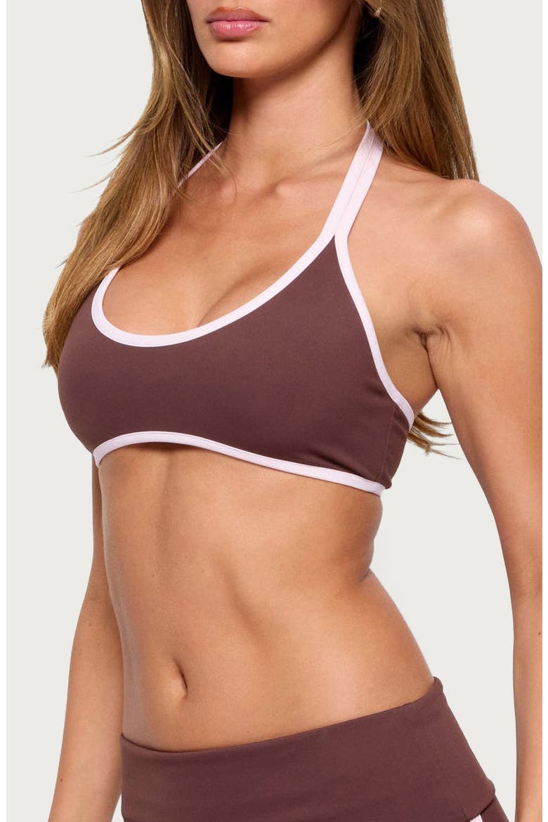 Anica Contrast Trim Halter Bralette, Alternate, color, BROWN