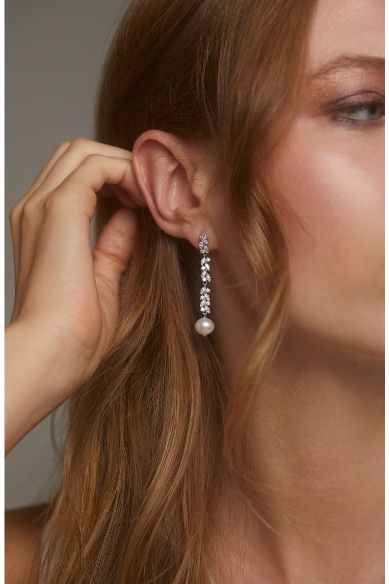 Savannah Cubic Zirconia & Pearl Linear Drop Earrings, Alternate, color, RHODIUM