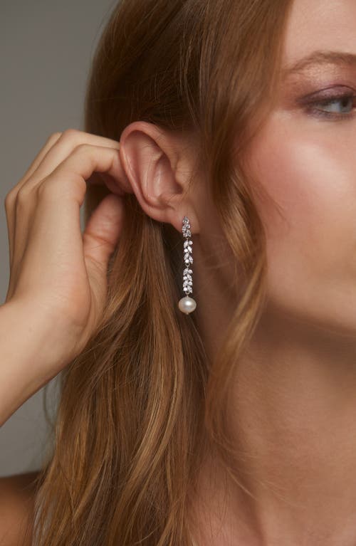 Nadri Sav Cubic Zirconia Cluster & Cultured Freshwater Pearl Linear Drop Earrings In Rhodium Plated In Rhodium