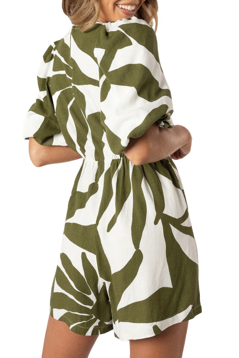 Matilda Print Puff Sleeve Cotton & Linen Romper, Alternate, color, OLIVE PALM