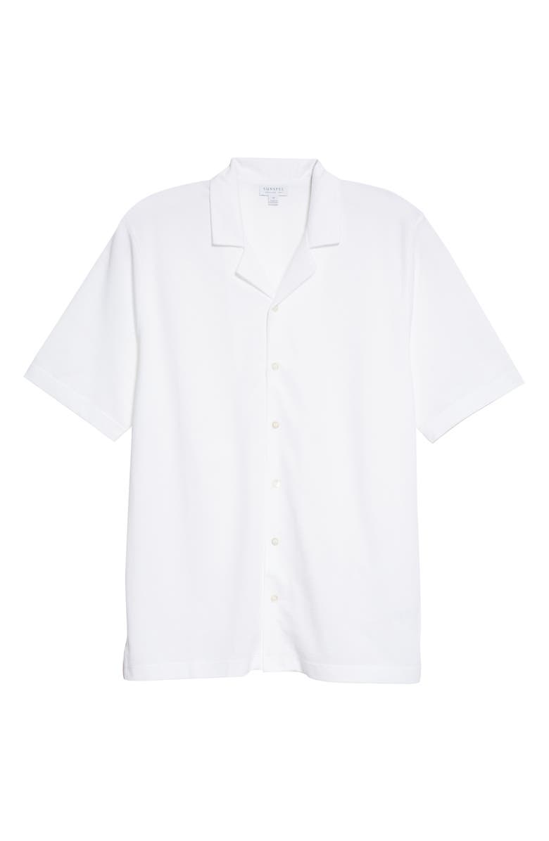 Sunspel Short Sleeve Cotton Piqué Button-Up Camp Shirt, Alternate, color, White