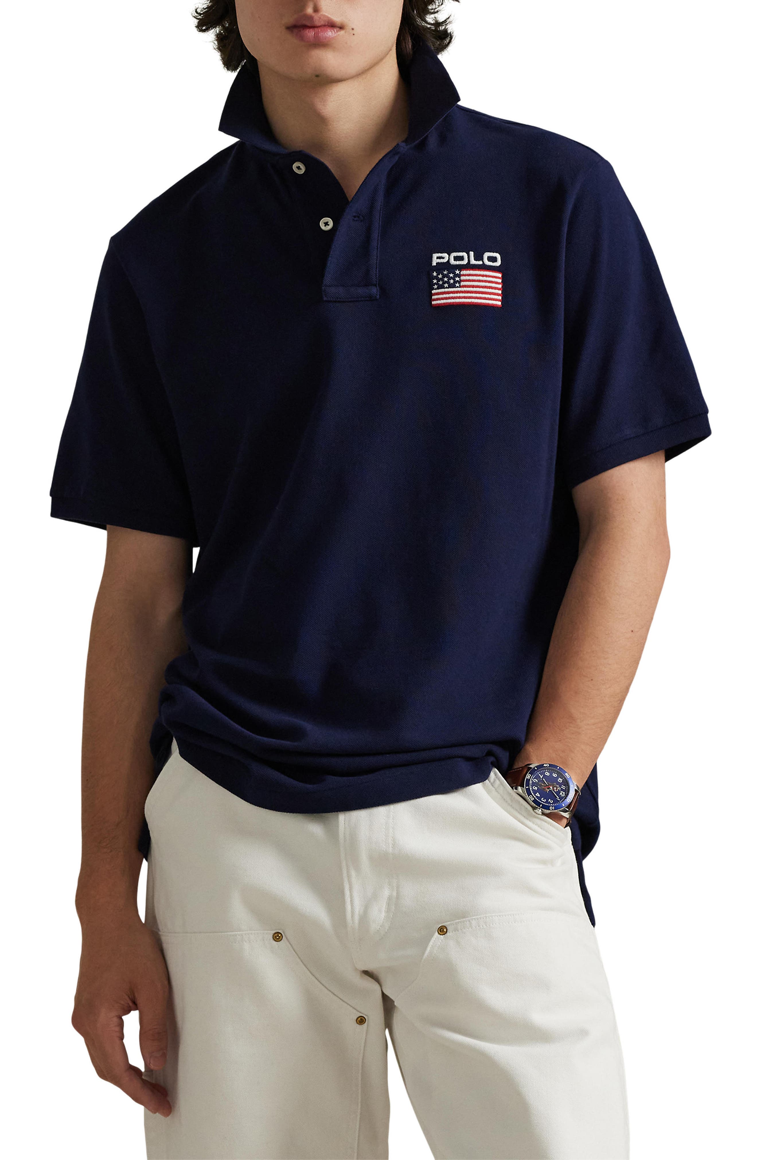 Classic Fit Flag Embroidered Piqué Polo (Men) | Nordstrom