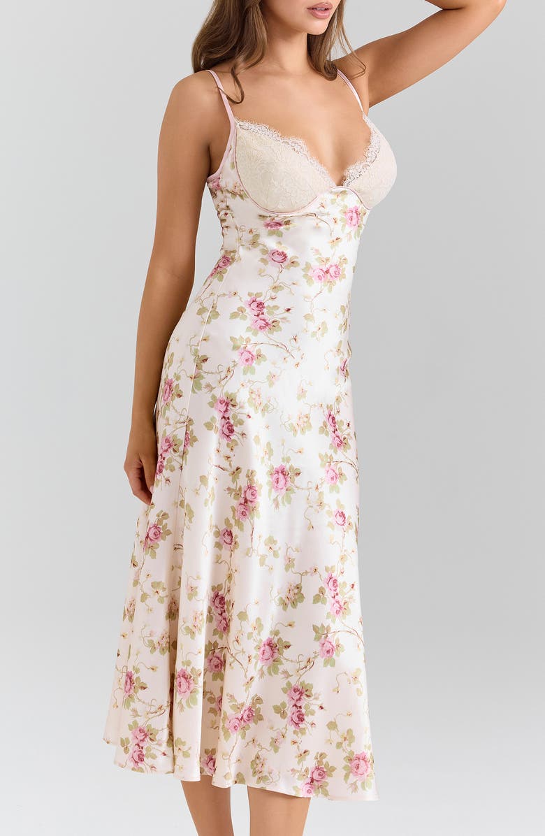 HOUSE OF CB Felicity Bias Cut Satin Midi Dress, Alternate, color, Ivory Floral Print