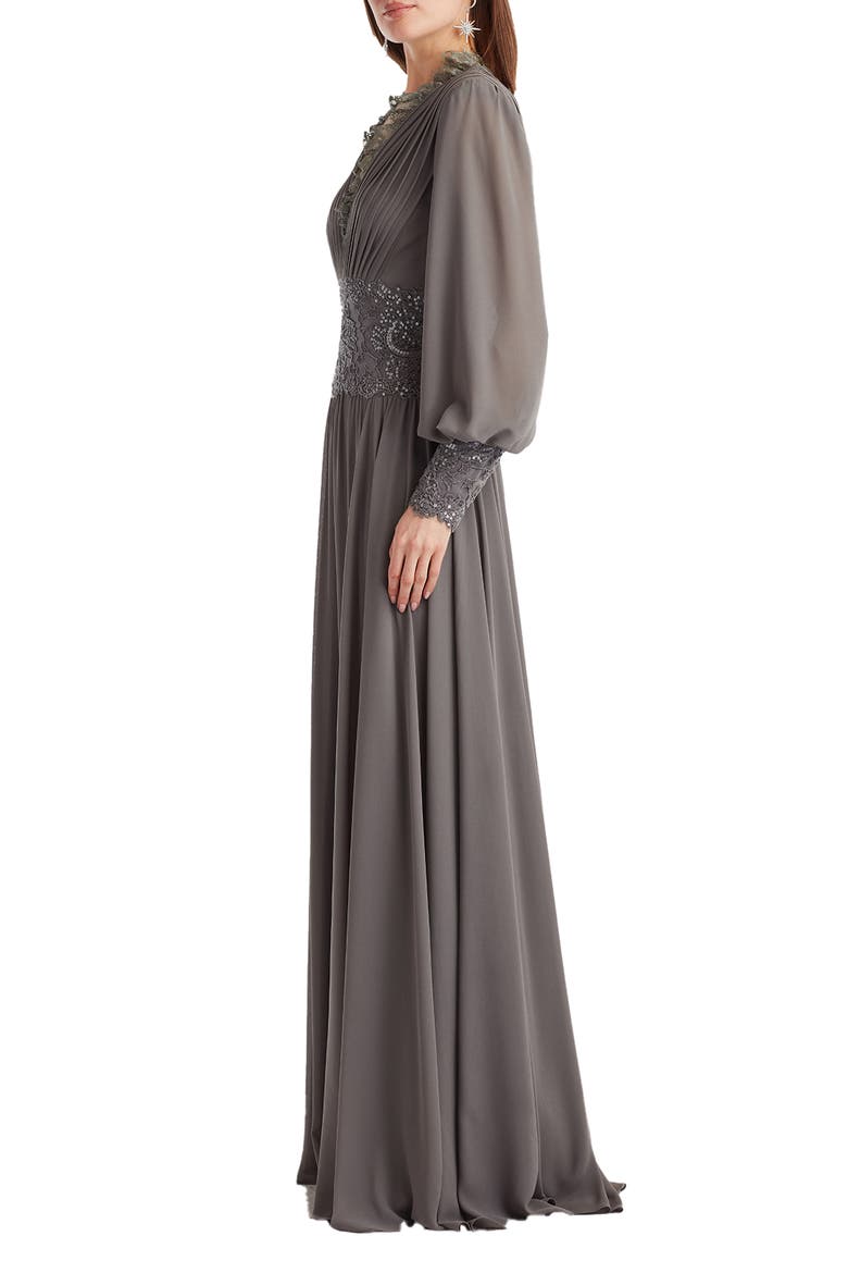 Sequin & Lace Pleated Long Sleeve Chiffon Gown, Alternate, color, MIST