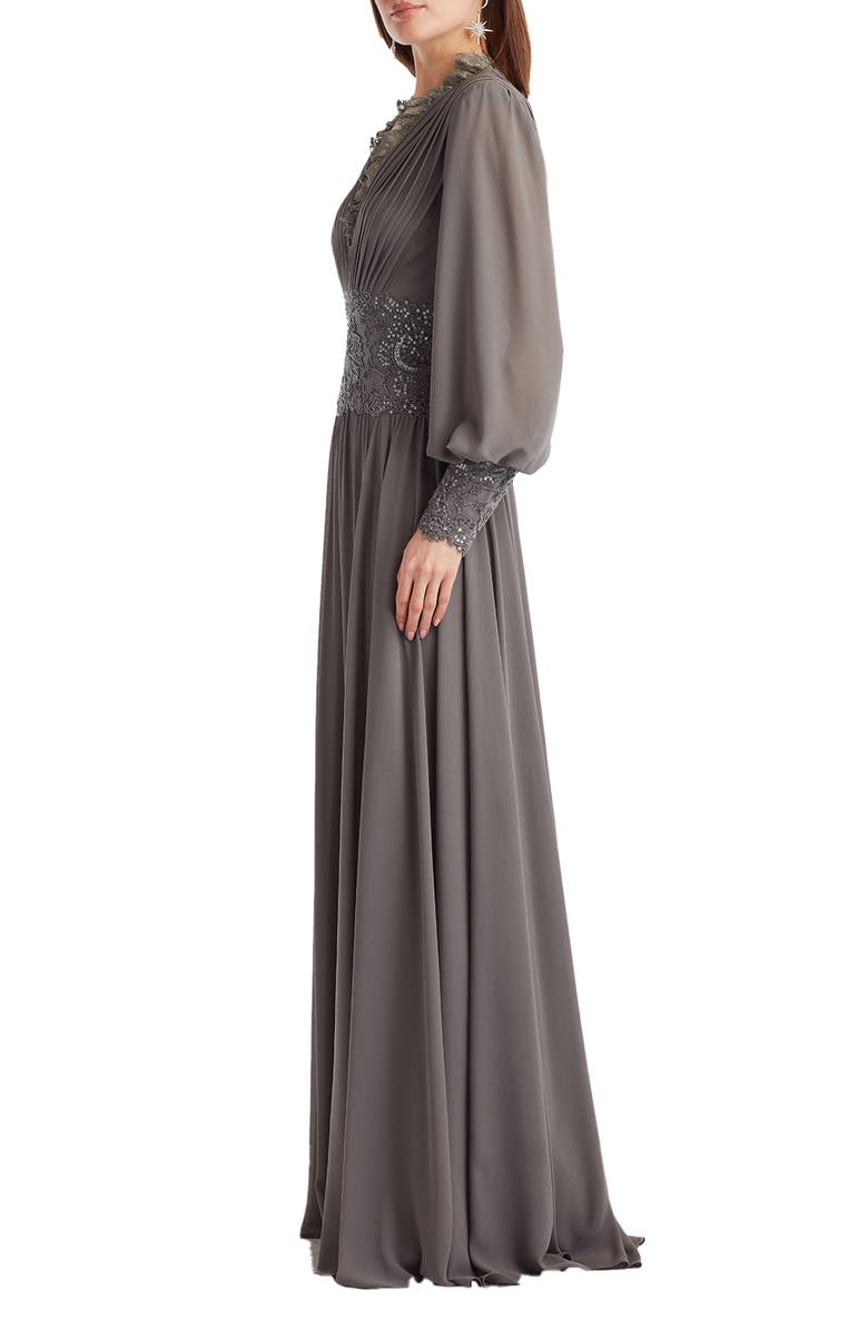 Tadashi Shoji Sequin Lace Detail Long Sleeve Chiffon Gown, Alternate, color, Mist