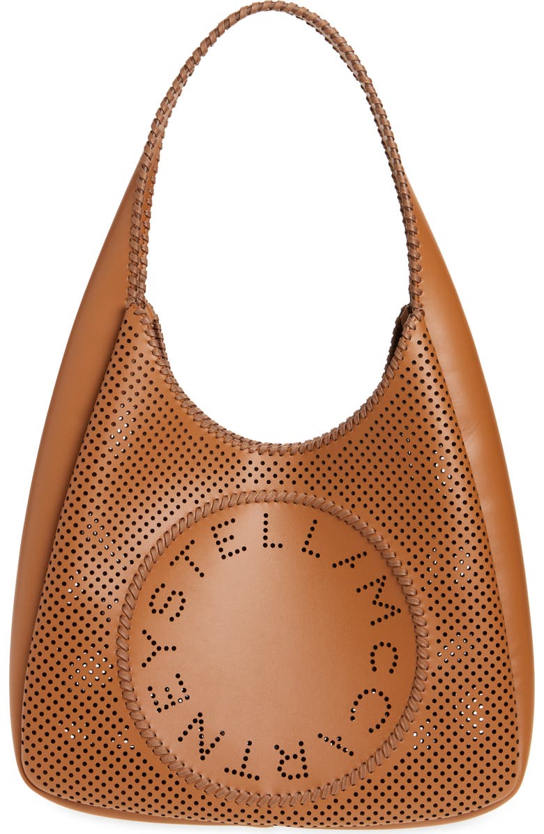Stella McCartney Circle Logo Perforated Faux Leather Hobo Bag, Main, color, Cuoio