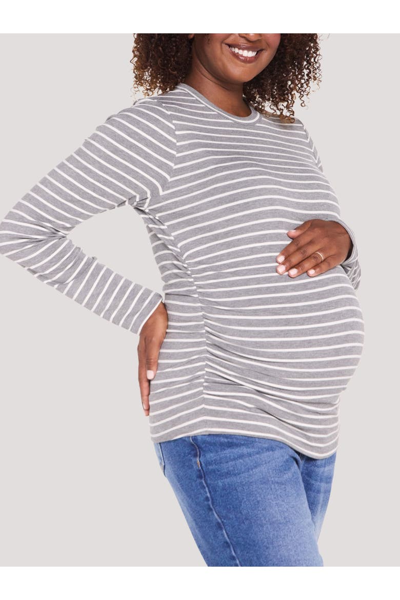 Crew Neck Long Sleeve Side Ruched Top, Alternate, color, Grey & Vanilla Ice Stripe