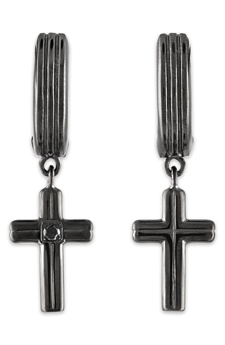 Esquire Men's Black Diamond Cross Drop Huggie Hoop Earrings, Alternate, color, Sterling Silver