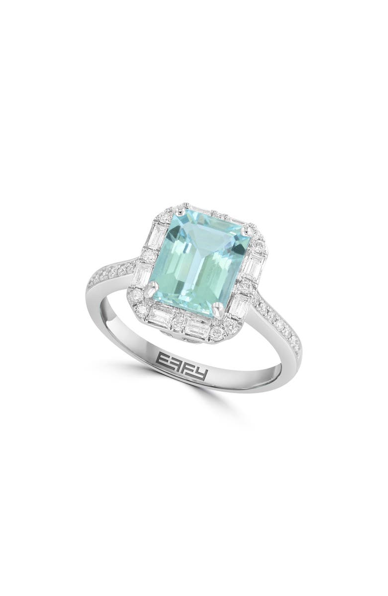 EFFY 14K White Gold Diamond & Aquamarine Emerald Cut Ring, Main, color, 