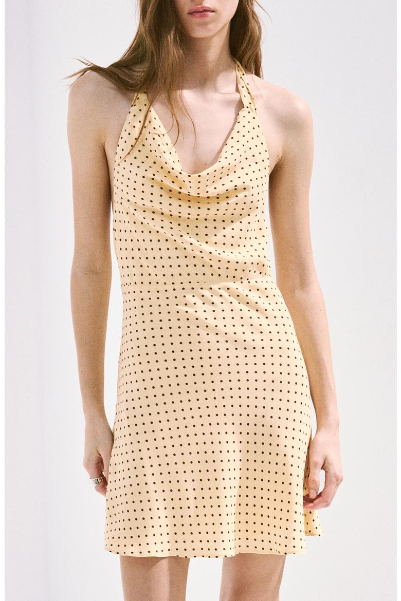Polka Dot Draped Neck Halter Minidress, Main, color, PASTEL YELLOW