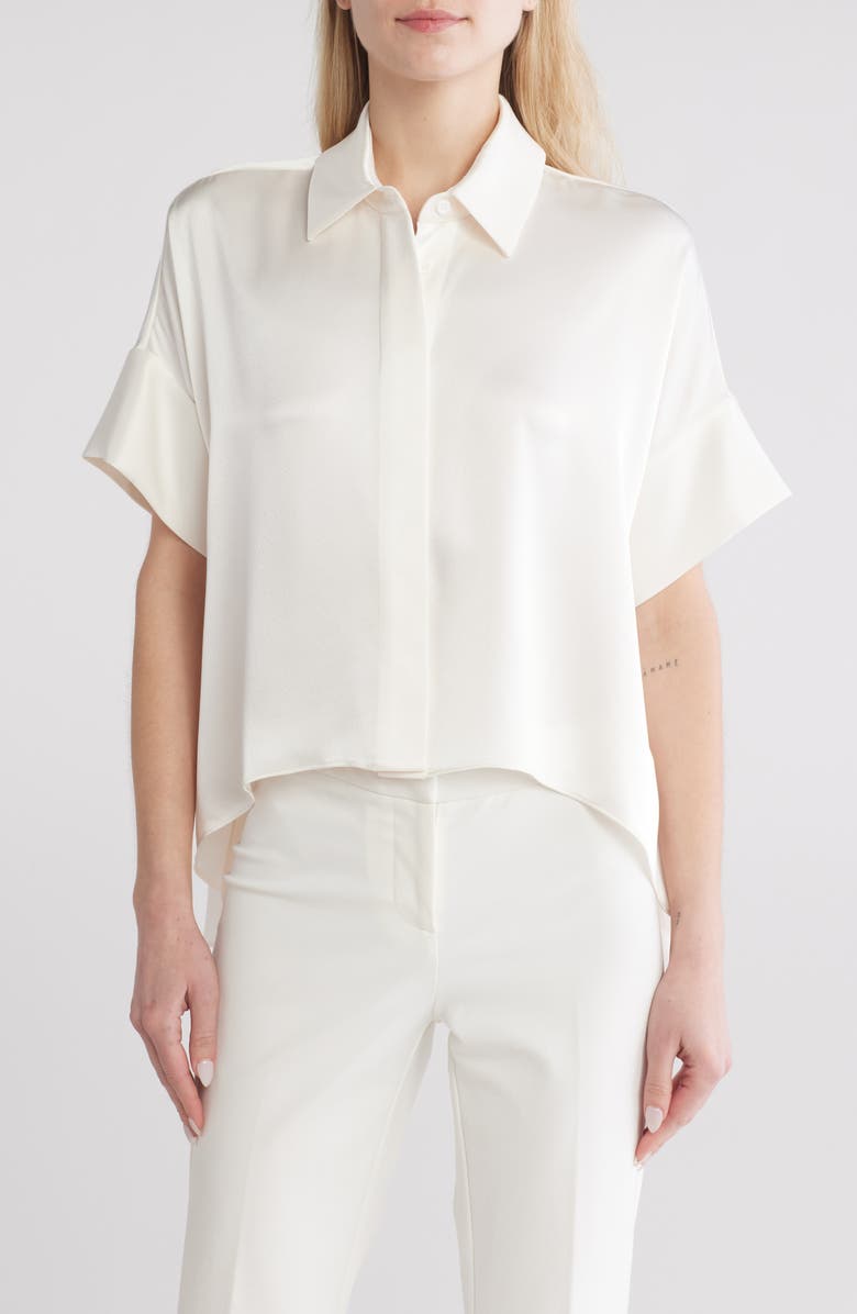 Alice + Olivia Edythn Short Sleeve Drapey Button-Up Shirt, Main, color, 
