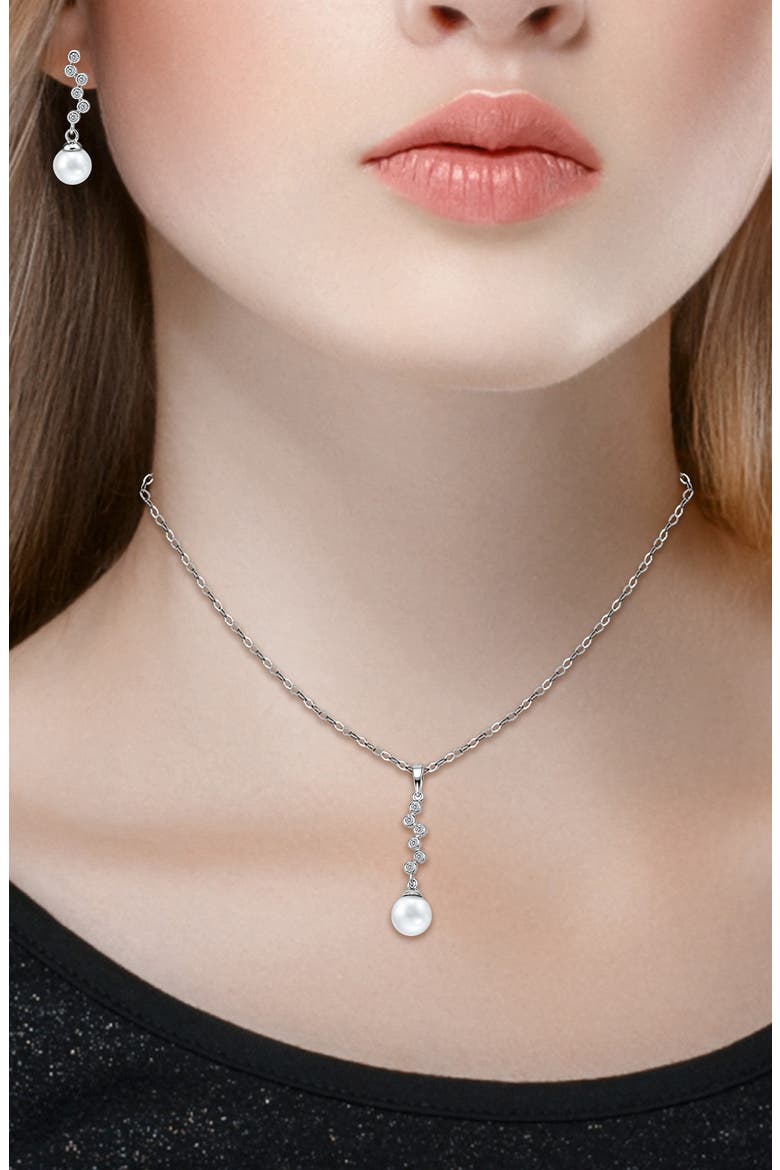 Cubic Zirconia & 9-10mm Faux Pearl Drop Earrings & Necklace Set, Alternate, color, SILVER