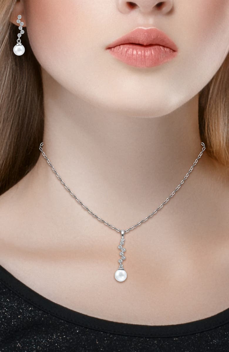 Christian Siriano New York Cubic Zirconia & 9-10mm Faux Pearl Drop Earrings & Necklace Set, Alternate, color, Silver
