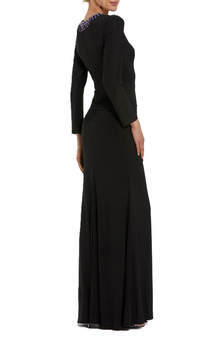 Mac Duggal Long Sleeve Jersey Ruched Gown With Beaded Neck, Alternate, color, Black