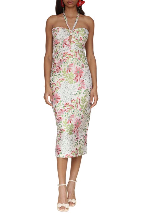 Floral Brocade Halter Neck Midi Dress