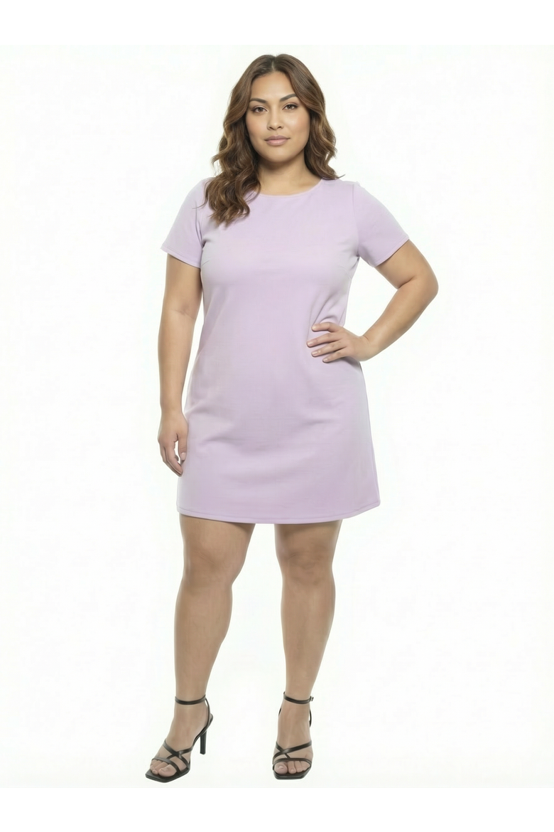 Plus Size Solid Short Sleeve Round Neck Mini Shift Dress, Main, color, Lilac