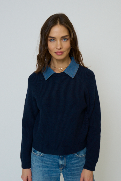 Central Park West Dash Denim Collar Pullover In Blue