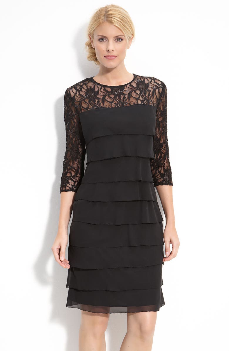 Alex Evenings Tiered Chiffon & Lace Sheath Dress, Main, color, 