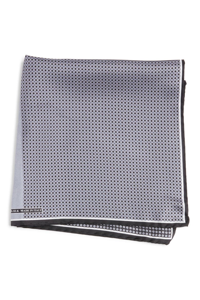 Quatrefoil Silk Pocket Square, Main, color, GREY/ BLACK