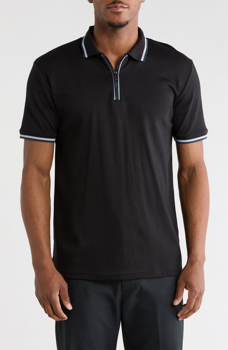 DENIM AND FLOWER Tipped Quarter Zip Polo, Main, color, Black