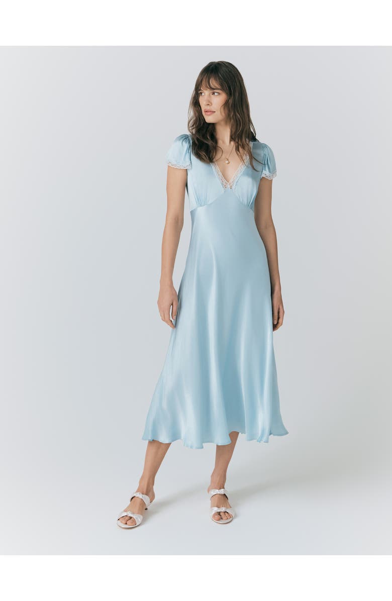 Ghost London Lillie Lace Trim Satin Dress, Main, color, Light Blue