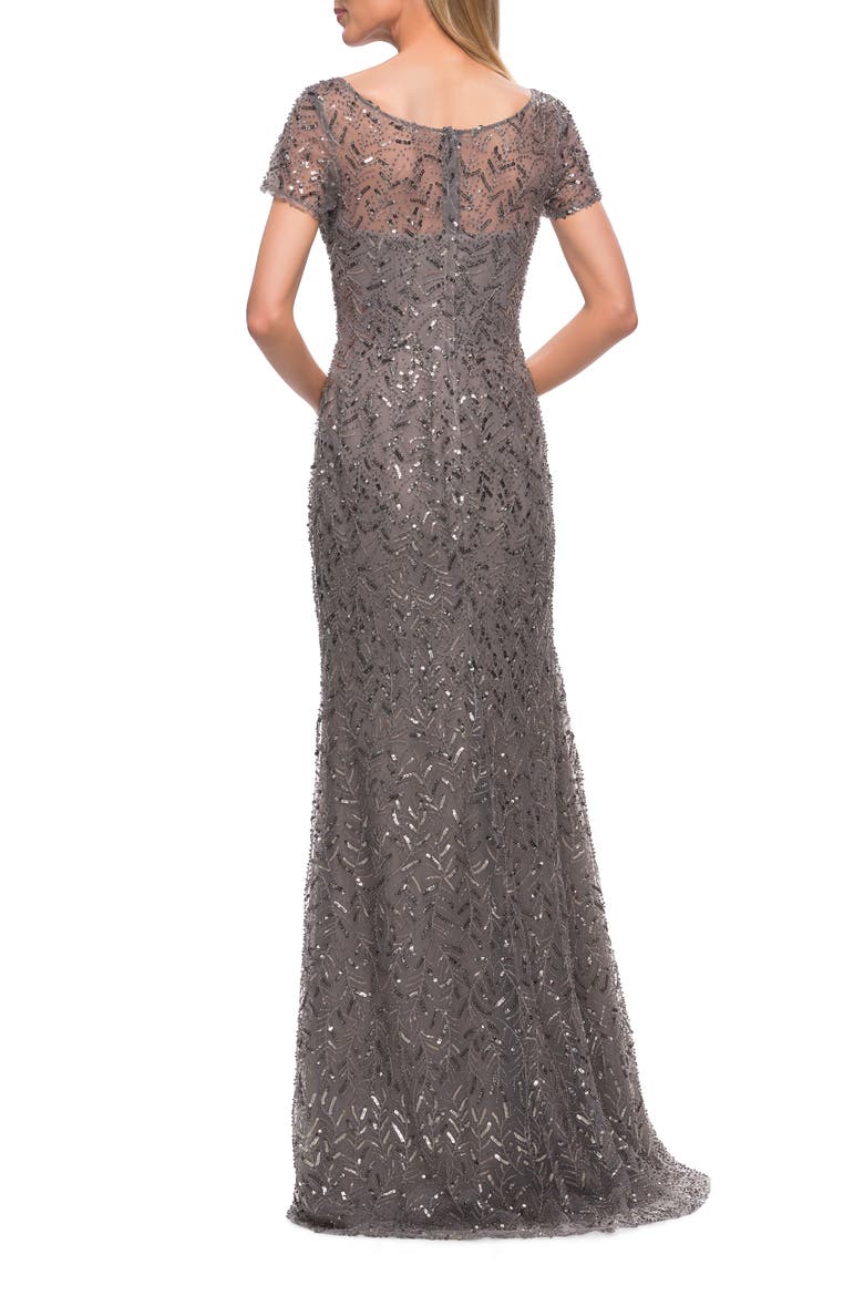 Beaded Long Dress with Illusion Top and Sleeves, Alternate, color, TAUPE GREY/ SILVER