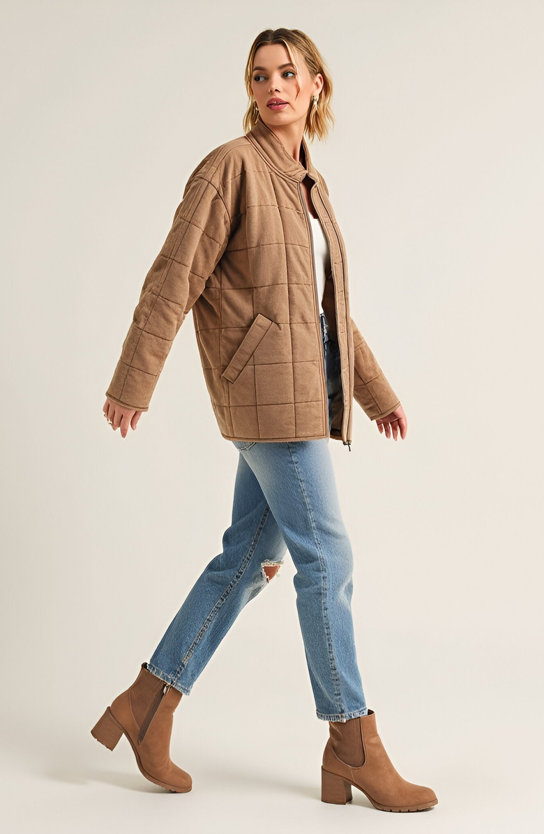 Modenaire Quilted Zip-Up Stand Collar Square Stitch Detailing Jacket, Alternate, color, Tan