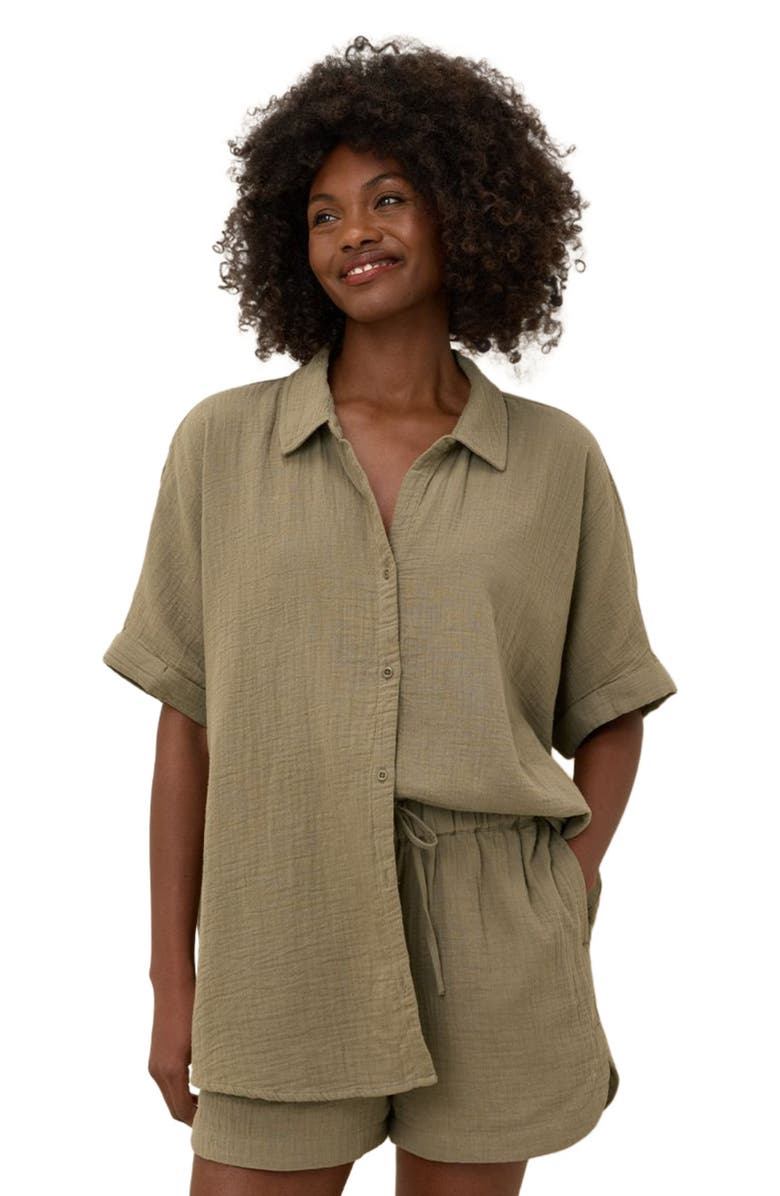 Pact Organic Cotton Coastal Double Gauze Oversized Shirt, Alternate, color, Khaki Green