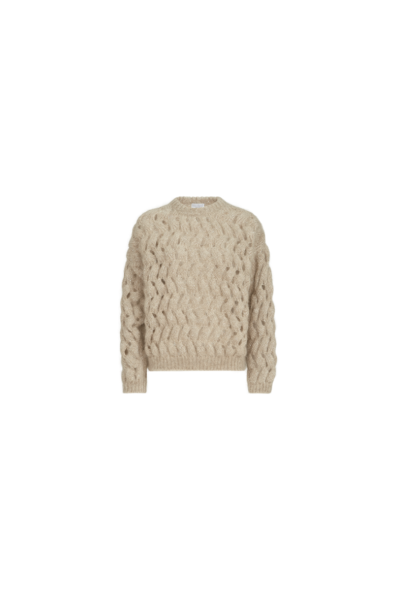 Dazzling zigzag cables sweater in mohair and wool, Alternate, color, Sand