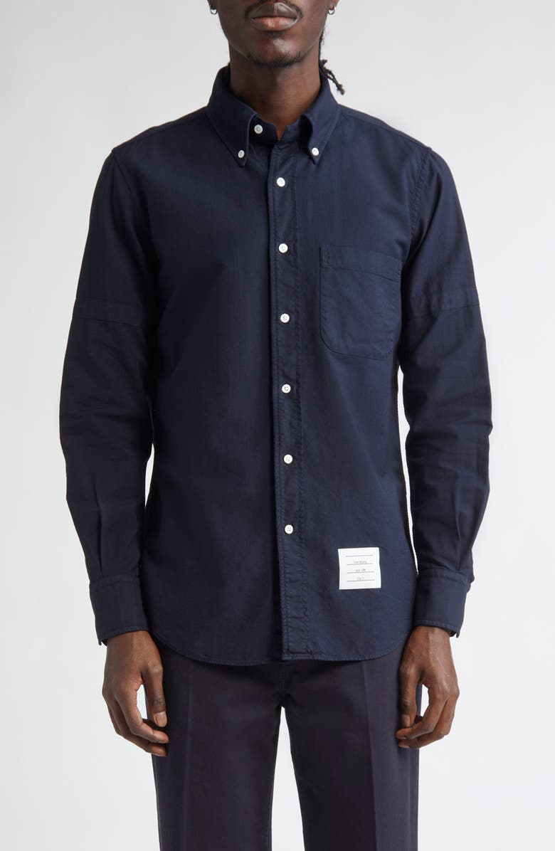 Thom Browne Armband Straight Fit Cotton Poplin Button-Down Shirt, Main, color, Navy