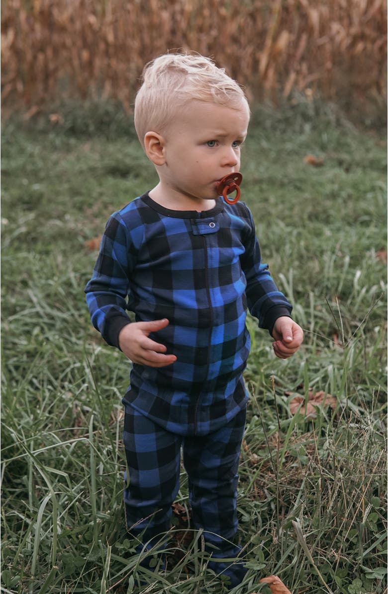 Leveret Kids Footed Plaid Cotton Matching Family Holiday Pajamas, Alternate, color, Plaid Black & Navy