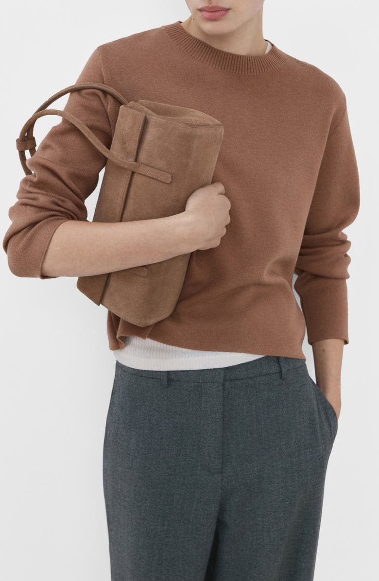 MANGO Fine Knit Crewneck Sweater, Main, color, Medium Brown