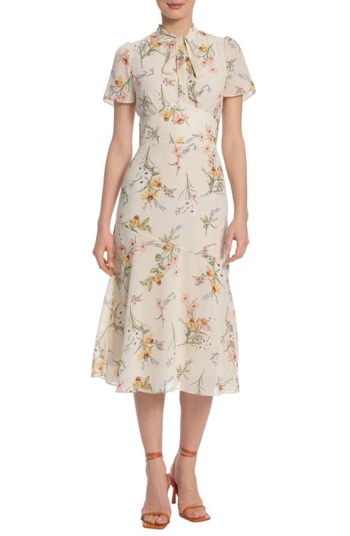 Maggy London Tie Neck Print Midi Dress In Gray
