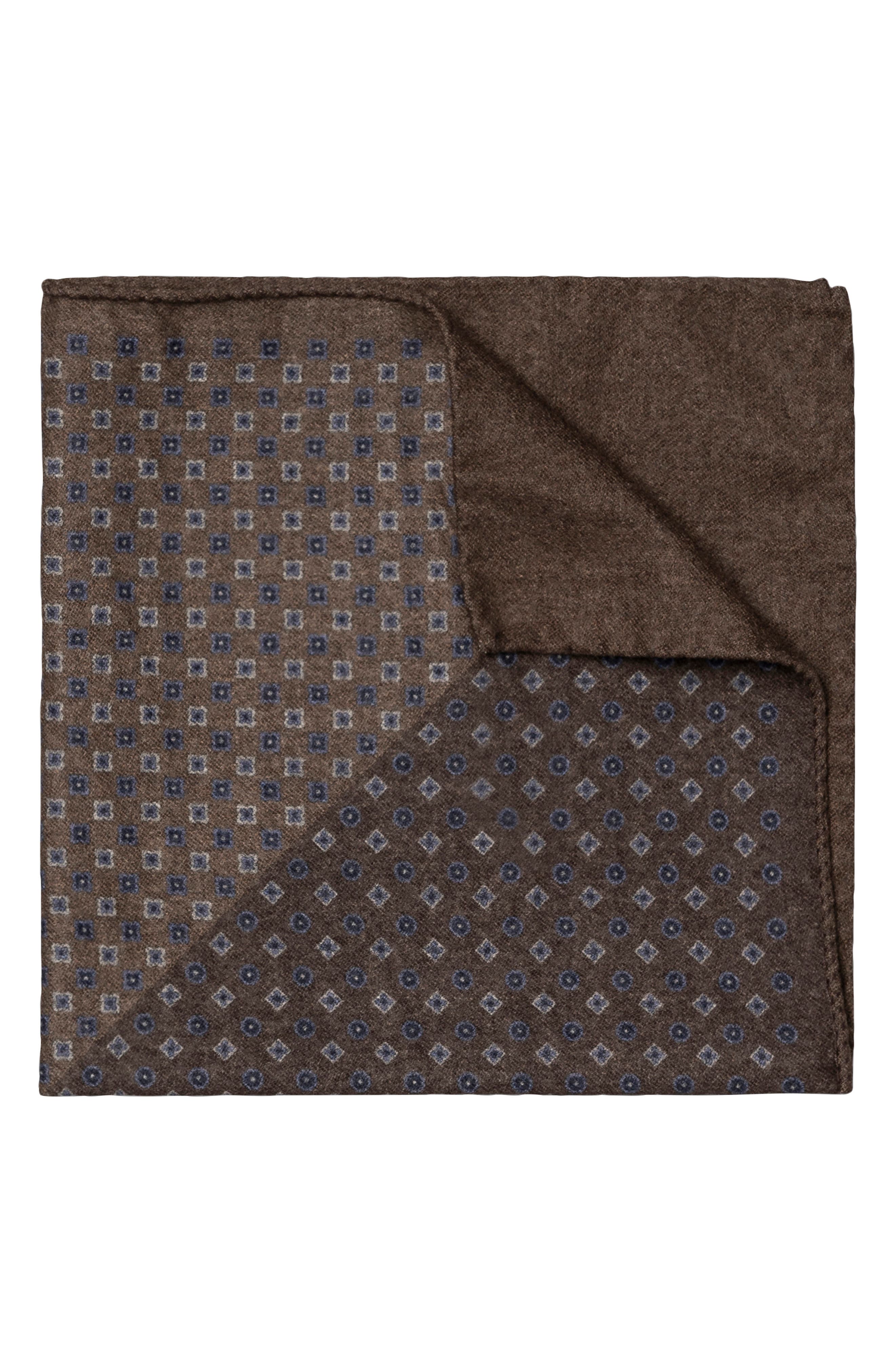 Eton Reversible Solid & Neat Wool Flannel Pocket Square in Medium Brown 